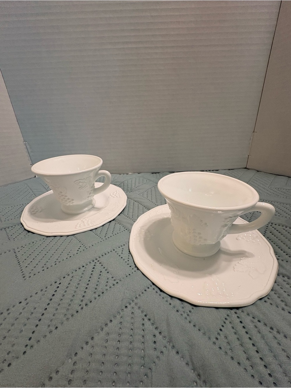 Vintage Indiana Glass Colony Harvest Grape Milk Glass Cup And Saucer Set Of Two